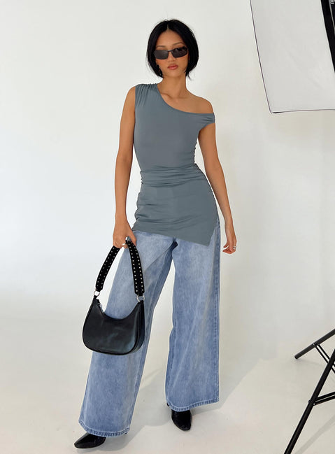 Front view of model wearing  front Princess Polly High Neck  Ragan One Shoulder Mini Dress Grey