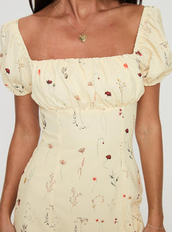 front view of model wearing Princess Polly Luvva Mini Dress Lemon Square Neck 