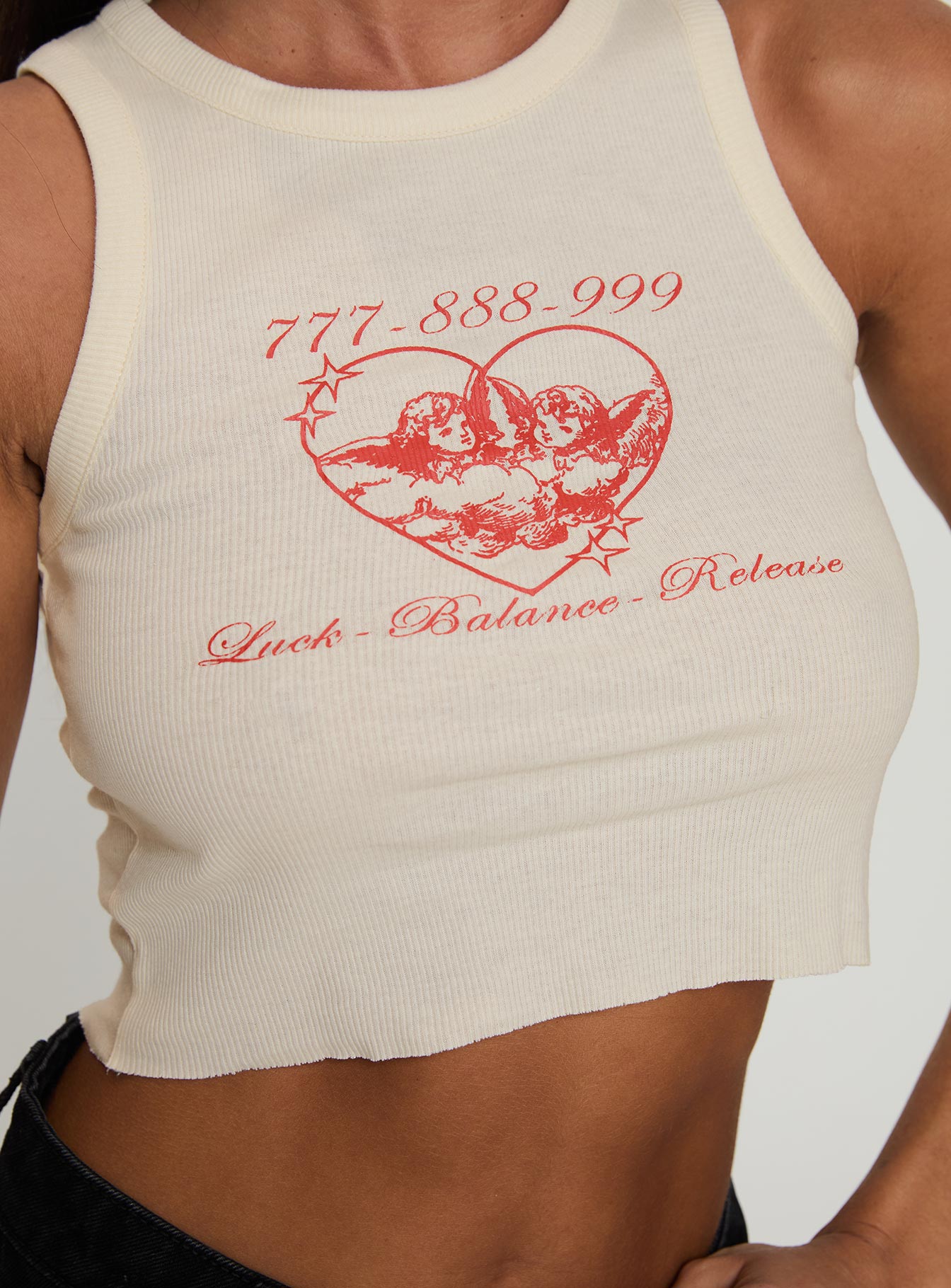 back view of model wearing Princess Polly Luck Heart Angels Top White Sleeveless Crew Neck 