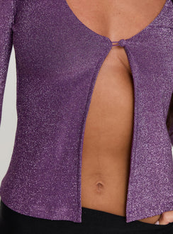 back view of model wearing Princess Polly Stars Aligned Long Sleeve Top Purple Full Sleeves V-Neck 