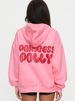 back view of model wearing Princess Polly Princess Polly Hooded Sweatshirt Bubble Text Pink / Red Long 