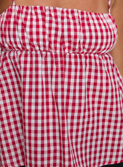 back view of model wearing Princess Polly Mirabellah Frill Top Red Gingham Sleeveless Square Neck 