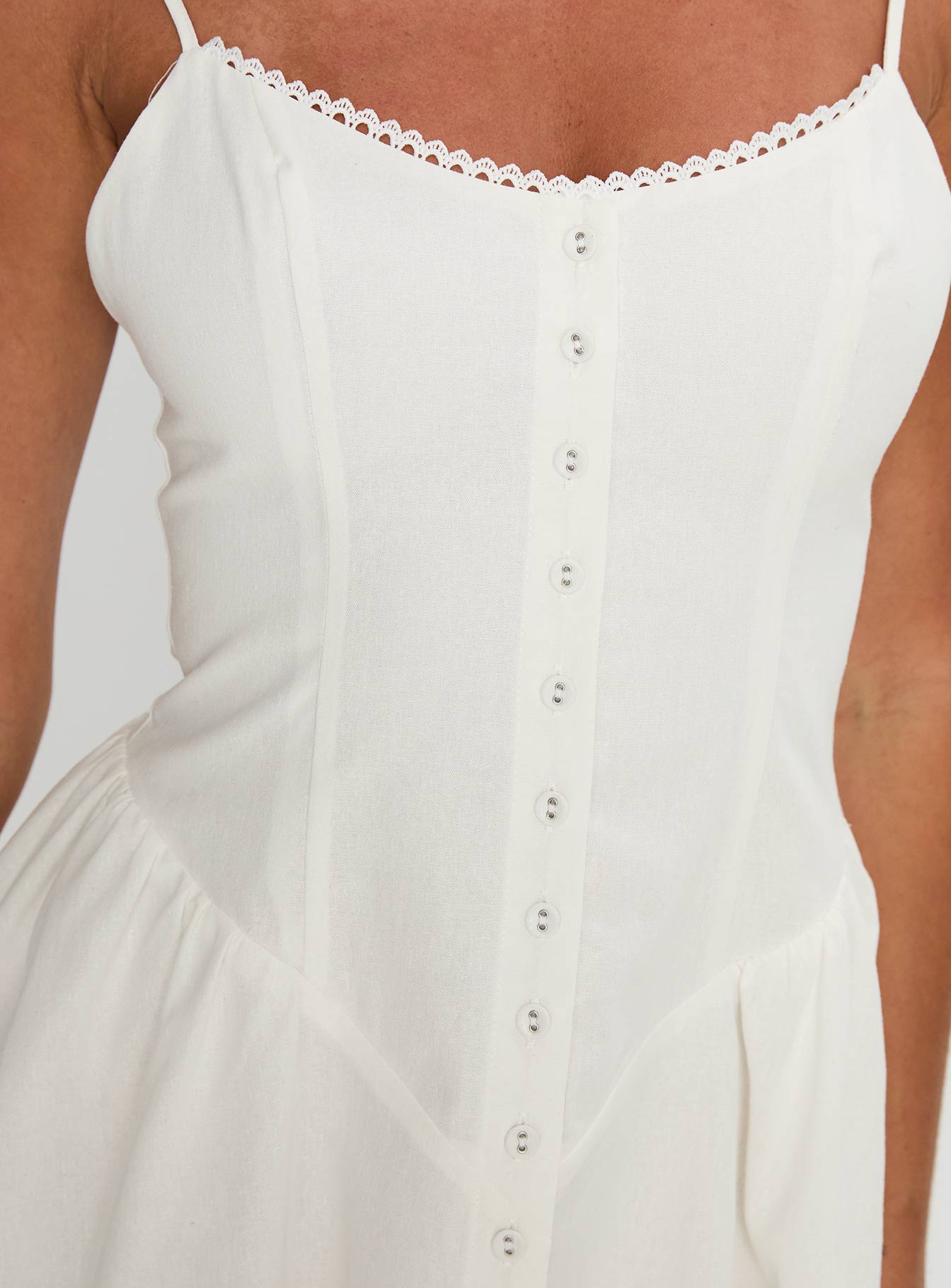 back view of model wearing Princess Polly Toulouse Mini Dress White Scoop Neck 