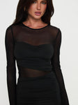 front view of model wearing Princess Polly Meira Sheer Maxi Dress Black Crew Neck 