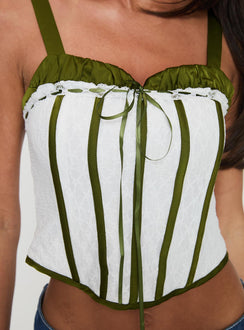 back view of model wearing Princess Polly Jiraia Lace Corset Top White / Green Sleeveless Sweetheart 