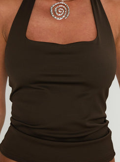 back view of model wearing Princess Polly Assumptions Halter Top Brown Sleeveless Square Neck 