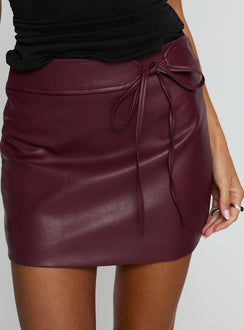 back view of model wearing Princess Polly Moneyshot Faux Leather Mini Skirt Wine Mini Skirts 
