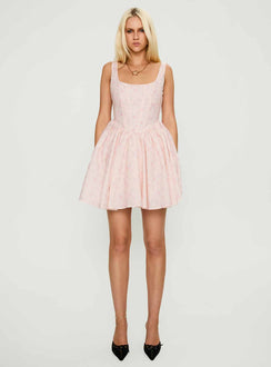 front view of model wearing Princess Polly Bridgitte Corset Mini Dress Floral Square Neck 