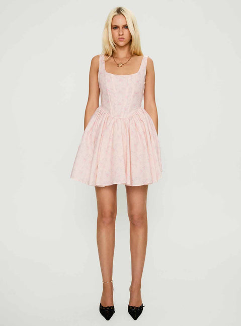 front view of model wearing Princess Polly Bridgitte Corset Mini Dress Floral Square Neck 
