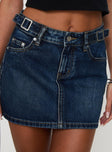   front view of model wearing Princess Polly Monti Buckle Denim Mini Skirt Mid Blue 