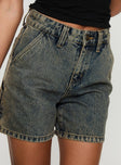 Denim shorts High rise, five pocket design, branded patch at back, belt looped waist, zip and button fastening Non-stretch, unlined Princess Polly Lower Impact 