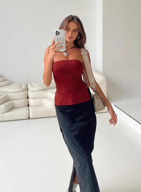 Front view of model wearing  front Princess Polly Sleeveless Square Neck  Strutter Strapless Top Burgundy