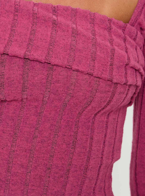 back view of model wearing Princess Polly Looking For Love Long Sleeve Top Pink Full Sleeves Asymmetric Neckline 