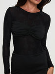 front view of model wearing Princess Polly Perissa Long Sleeve Mini Dress Black Crew Neck 