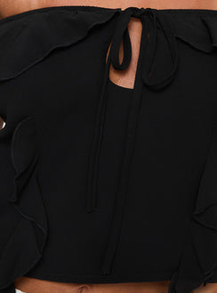 back view of model wearing Princess Polly Molins Short Sleeve Off The Shoulder Top Black Short Sleeves straight 