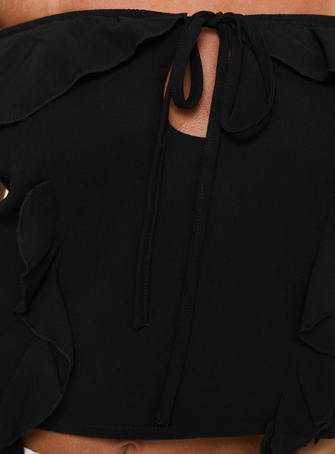 back view of model wearing Princess Polly Molins Short Sleeve Off The Shoulder Top Black Short Sleeves straight 