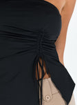 Strapless top Thin elasticated band at bust Adjustable ruching at side Good stretch Lined bust