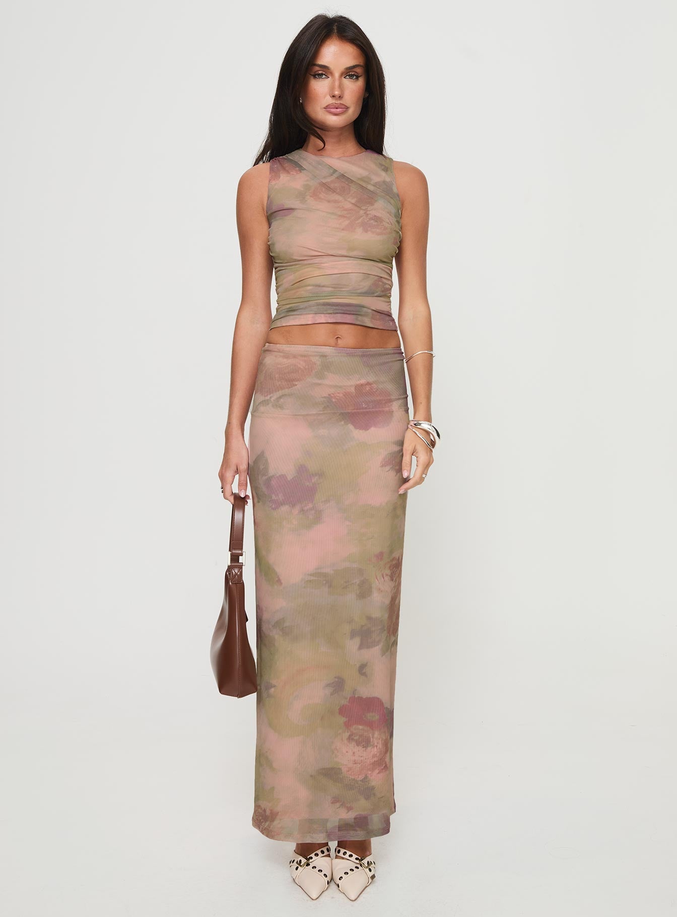   front view of model wearing Princess Polly Cascadia Maxi Skirt Purple Multi Maxi 