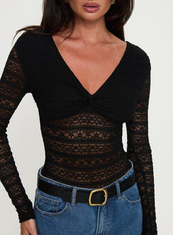 back view of model wearing Princess Polly Secret Of Us Off Shoulder Lace Bodysuit Black Full Sleeves 