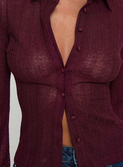 back view of model wearing Princess Polly When You Sleep Long Sleeve Top Wine Full Sleeves V-Neck 