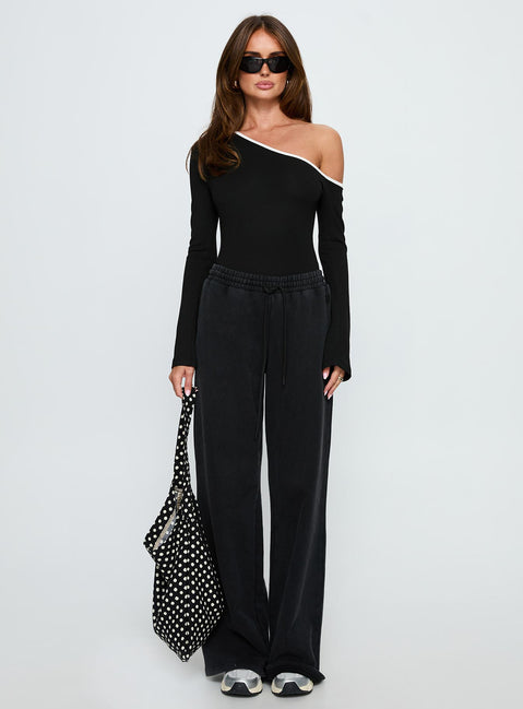 front view of model wearing Princess Polly Andrielle One Shoulder Long Sleeve Bodysuit Black / White Long Sleeve Tops 