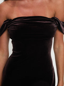 back view of model wearing Princess Polly Zabbarra Off The Shoulder Mini Dress Chocolate Velvet Straight Neck 