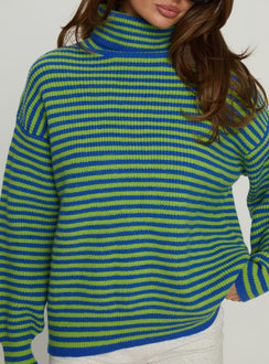 back view of model wearing Princess Polly Lancelot Turtle Neck Oversized Jumper Green Stripe Longline Jumpers 