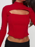 back view of model wearing Princess Polly Cathey Long Sleeve Corset Top Red Full Sleeves High Neck 