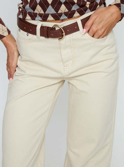 back view of model wearing Princess Polly Maple Mid Rise Flare Jeans Ecru High Rise Jeans 