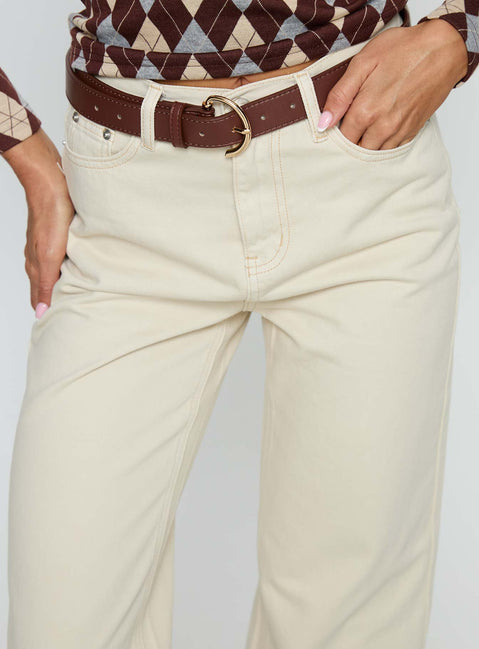 back view of model wearing Princess Polly Maple Mid Rise Flare Jeans Ecru High Rise Jeans 