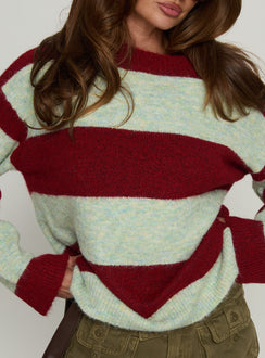 back view of model wearing Princess Polly Nesha Fluffy Knit Sweater Red / Blue Stripe 