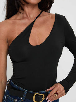 back view of model wearing Princess Polly Play Pretend One Sleeve Bodysuit Black Full Sleeves 