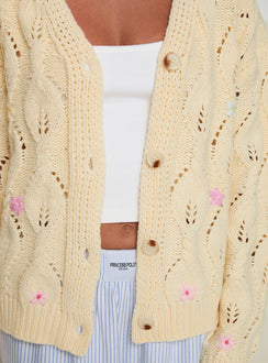 back view of model wearing Princess Polly Daffodil Cardigan Cream Cropped 