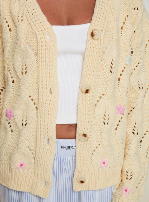 back view of model wearing Princess Polly Daffodil Cardigan Cream Cropped 