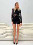 Mini dress Slim fitting, wide neckline, Sheer lace long sleeves, Lace panel detail mid waist,  Good stretch, unlined 