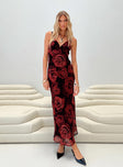 Front view of model wearing  front Princess Polly High Neck  Maysa Rose Maxi Dress Black / Red