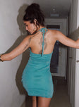 back view of model wearing Princess Polly Armonia Mini Dress Teal Petite Square Neck 