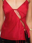 Red Cami top Fixed shoulder straps, cut out detail with adjustable tie fastenings