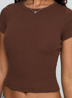 back view of model wearing Princess Polly Baseline Scoop Rib Tee Chocolate Short Sleeves Crew Neck 