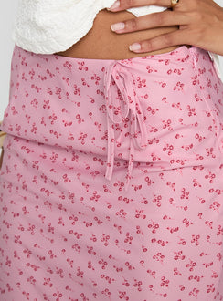 back view of model wearing Princess Polly Gorgina Tie Maxi Skirt Pink Multi Maxi 