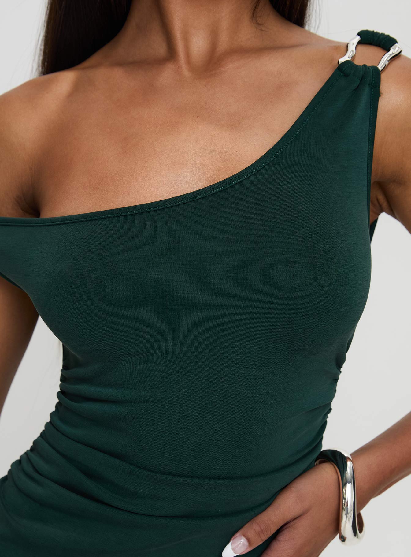 back view of model wearing Princess Polly Rios One Shoulder Maxi Dress Green Scoop Neck 