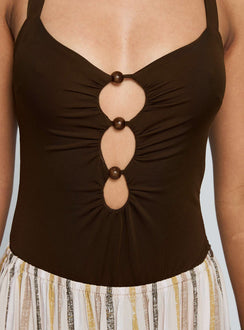 back view of model wearing Princess Polly Silverwing Cut Out Bodysuit Chocolate Sleeveless 