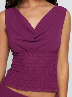 back view of model wearing Princess Polly I Belong Shirred Top Wine Sleeveless Cowl 