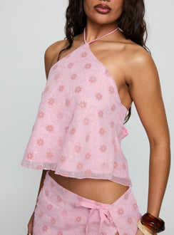 front view of model wearing Princess Polly Remembering Tie Back Top Pink Sleeveless Asymmetric Neckline 