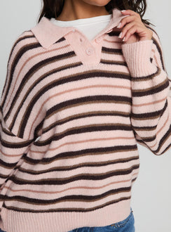 side view of model wearing Princess Polly Jeanny Collared Knit Sweater Brown / Pink Stripe Longline Jumpers 
