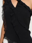 One shoulder top Ruffle design, cut out detail, invisible zip fastening at side, asymmetric hem