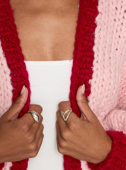 back view of model wearing Princess Polly Lester Knit Cardigan Pink / Red Long 