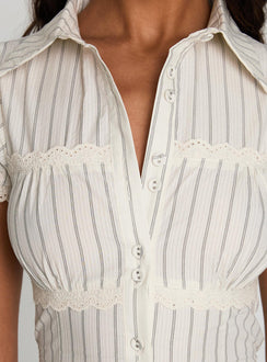 back view of model wearing Princess Polly Deserve You Puff Sleeve Button Front Top Cream Stripe Short Sleeves V-Neck 