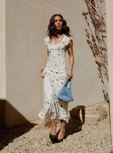front view of model wearing Princess Polly Jontee Bias Cut Maxi Dress Cream Floral Square Neck 