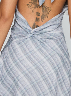 back view of model wearing Princess Polly Best Mistake Halter Mini Dress Multi V-Neck 